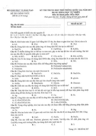 Đề thi chính thức THPT Quốc gia môn Hóa học - Mã đề: 207 - Năm học 2017 (Có đáp án)