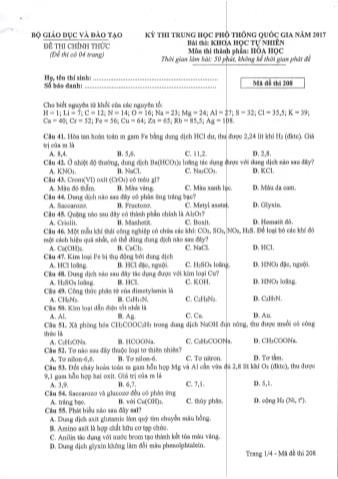 Đề thi chính thức THPT Quốc gia môn Hóa học - Mã đề: 208 - Năm học 2017 (Có đáp án)