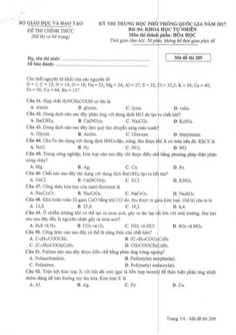 Đề thi chính thức THPT Quốc gia môn Hóa học - Mã đề: 209 - Năm học 2017 (Có đáp án)