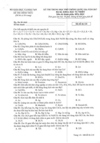 Đề thi chính thức THPT Quốc gia môn Hóa học - Mã đề: 210 - Năm học 2017 (Có đáp án)