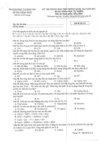 Đề thi chính thức THPT Quốc gia môn Hóa học - Mã đề: 212 - Năm học 2017 (Có đáp án)