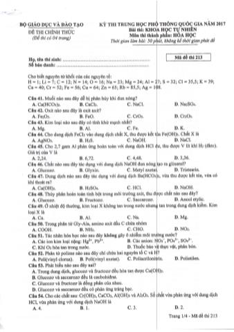 Đề thi chính thức THPT Quốc gia môn Hóa học - Mã đề: 213 - Năm học 2017 (Có đáp án)