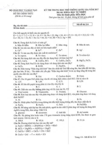 Đề thi chính thức THPT Quốc gia môn Hóa học - Mã đề: 214 - Năm học 2017 (Có đáp án)