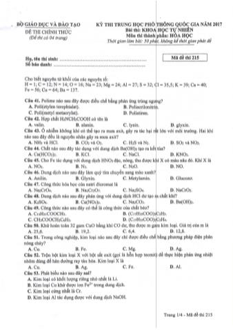 Đề thi chính thức THPT Quốc gia môn Hóa học - Mã đề: 215 - Năm học 2017 (Có đáp án)