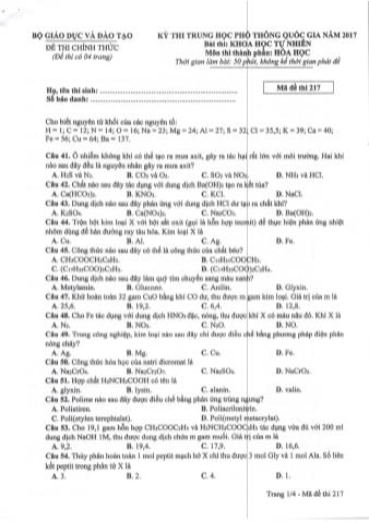 Đề thi chính thức THPT Quốc gia môn Hóa học - Mã đề: 217 - Năm học 2017 (Có đáp án)