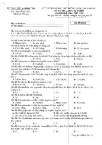 Đề thi chính thức THPT Quốc gia môn Hóa học - Mã đề: 218 - Năm học 2017 (Có đáp án)