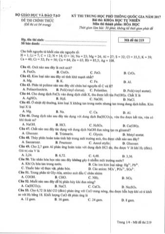 Đề thi chính thức THPT Quốc gia môn Hóa học - Mã đề: 219 - Năm học 2017 (Có đáp án)