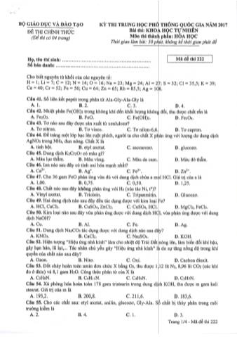 Đề thi chính thức THPT Quốc gia môn Hóa học - Mã đề: 222 - Năm học 2017 (Có đáp án)