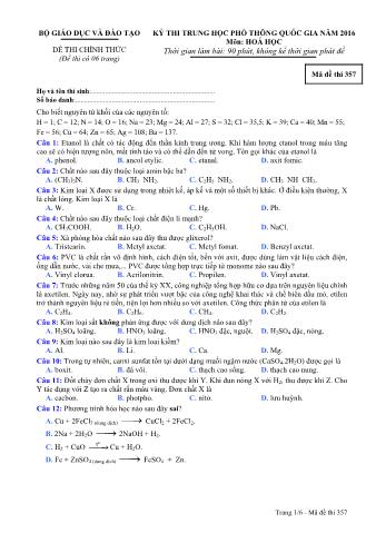 Đề thi chính thức THPT Quốc gia môn Hóa học - Mã đề: 357 - Năm học 2016 (Có đáp án)
