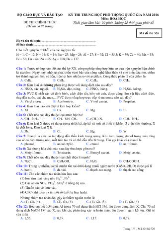 Đề thi chính thức THPT Quốc gia môn Hóa học - Mã đề: 526 - Năm học 2016 (Có đáp án)