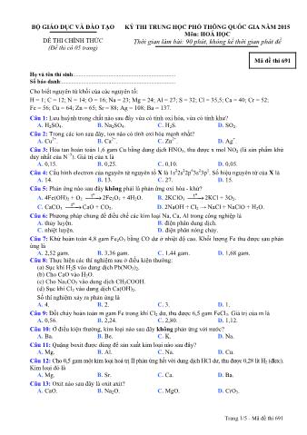 Đề thi chính thức THPT Quốc gia môn Hóa học - Mã đề: 691 - Năm học 2015 (Có đáp án)