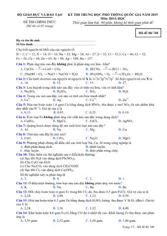 Đề thi chính thức THPT Quốc gia môn Hóa học - Mã đề: 748 - Năm học 2015 (Có đáp án)