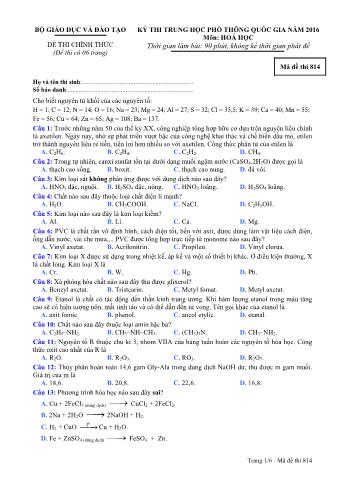 Đề thi chính thức THPT Quốc gia môn Hóa học - Mã đề: 814 - Năm học 2016 (Có đáp án)