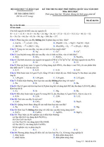 Đề thi chính thức THPT Quốc gia môn Hóa học - Mã đề: 836 - Năm học 2015 (Có đáp án)