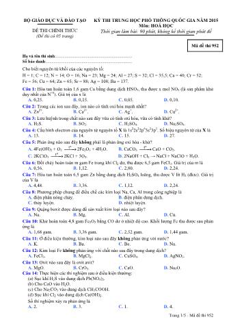 Đề thi chính thức THPT Quốc gia môn Hóa học - Mã đề: 952 - Năm học 2015 (Có đáp án)