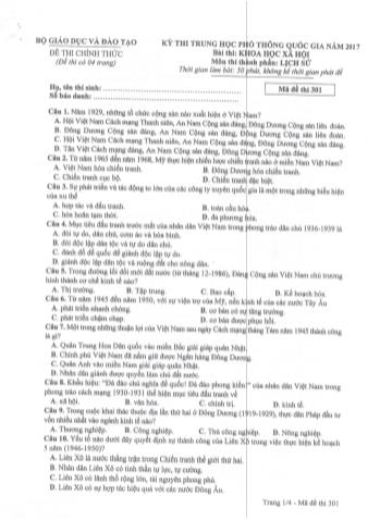 Đề thi chính thức THPT Quốc gia môn Lịch sử - Mã đề: 301 - Năm học 2017 (Có đáp án)