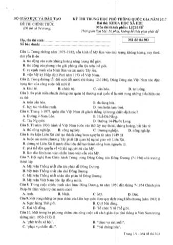 Đề thi chính thức THPT Quốc gia môn Lịch sử - Mã đề: 303 - Năm học 2017 (Có đáp án)