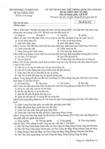 Đề thi chính thức THPT Quốc gia môn Lịch sử - Mã đề: 315 - Năm học 2017 (Có đáp án)