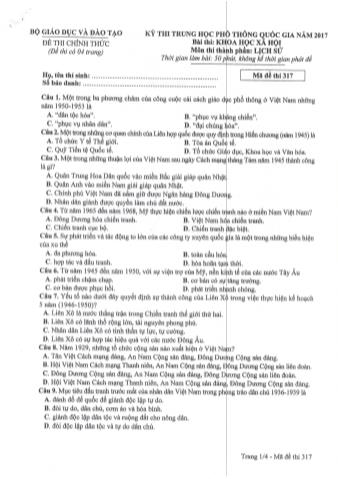 Đề thi chính thức THPT Quốc gia môn Lịch sử - Mã đề: 317 - Năm học 2017 (Có đáp án)