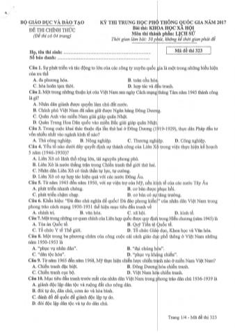 Đề thi chính thức THPT Quốc gia môn Lịch sử - Mã đề: 323 - Năm học 2017 (Có đáp án)