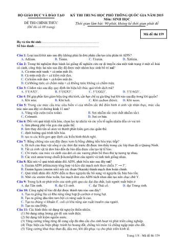 Đề thi chính thức THPT Quốc gia môn Sinh học - Mã đề: 159 - Năm học 2015 (Có đáp án)