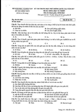 Đề thi chính thức THPT Quốc gia môn Sinh học - Mã đề: 201 - Năm học 2017 (Có đáp án)