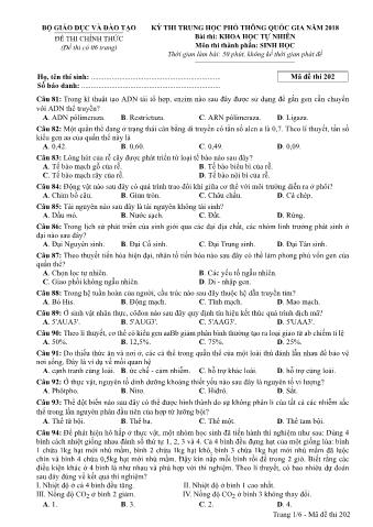 Đề thi chính thức THPT Quốc gia môn Sinh học - Mã đề: 202 - Năm học 2018 (Có đáp án)