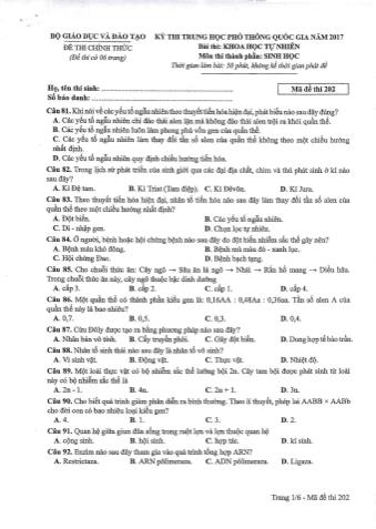 Đề thi chính thức THPT Quốc gia môn Sinh học - Mã đề: 202 - Năm học 2017 (Có đáp án)