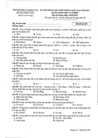 Đề thi chính thức THPT Quốc gia môn Sinh học - Mã đề: 203 - Năm học 2017 (Có đáp án)