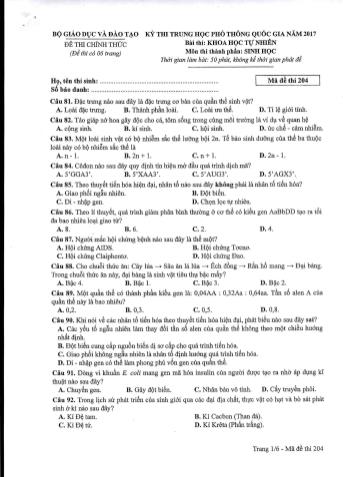Đề thi chính thức THPT Quốc gia môn Sinh học - Mã đề: 204 - Năm học 2017 (Có đáp án)