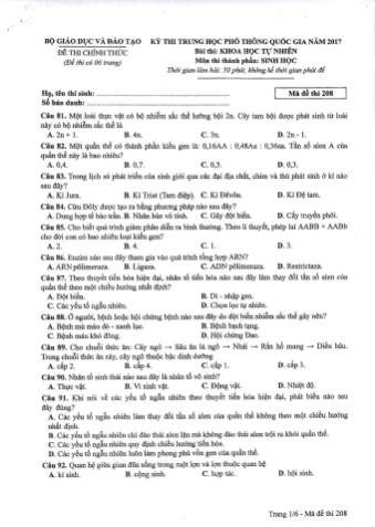 Đề thi chính thức THPT Quốc gia môn Sinh học - Mã đề: 208 - Năm học 2017 (Có đáp án)