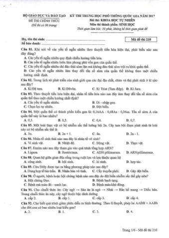 Đề thi chính thức THPT Quốc gia môn Sinh học - Mã đề: 210 - Năm học 2017 (Có đáp án)