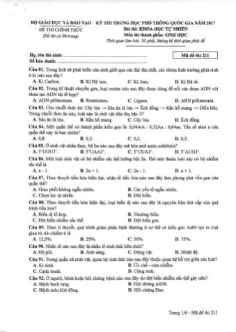 Đề thi chính thức THPT Quốc gia môn Sinh học - Mã đề: 211 - Năm học 2017 (Có đáp án)