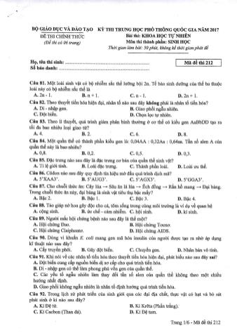 Đề thi chính thức THPT Quốc gia môn Sinh học - Mã đề: 212 - Năm học 2017 (Có đáp án)