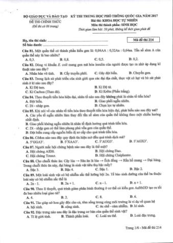 Đề thi chính thức THPT Quốc gia môn Sinh học - Mã đề: 214 - Năm học 2017 (Có đáp án)