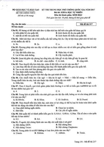 Đề thi chính thức THPT Quốc gia môn Sinh học - Mã đề: 217 - Năm học 2017 (Có đáp án)