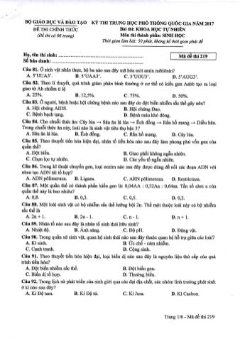 Đề thi chính thức THPT Quốc gia môn Sinh học - Mã đề: 219 - Năm học 2017 (Có đáp án)