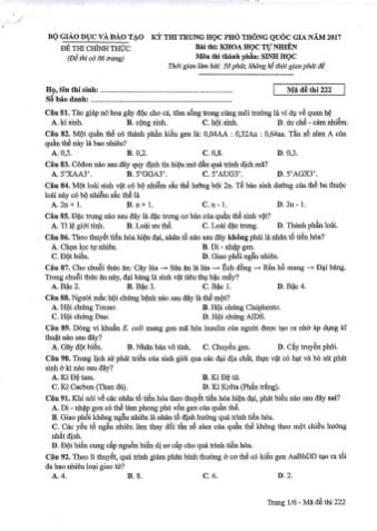 Đề thi chính thức THPT Quốc gia môn Sinh học - Mã đề: 222 - Năm học 2017 (Có đáp án)