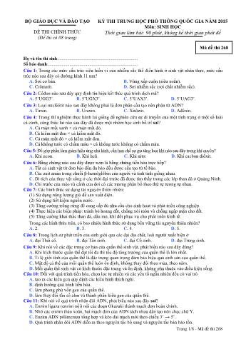 Đề thi chính thức THPT Quốc gia môn Sinh học - Mã đề: 268 - Năm học 2015 (Có đáp án)