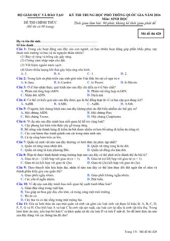 Đề thi chính thức THPT Quốc gia môn Sinh học - Mã đề: 428 - Năm học 2016 (Có đáp án)