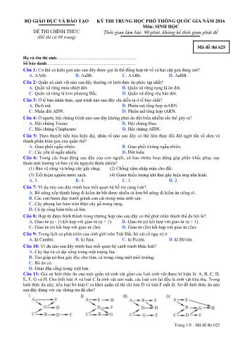 Đề thi chính thức THPT Quốc gia môn Sinh học - Mã đề: 625 - Năm học 2016 (Có đáp án)