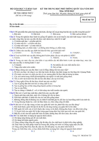 Đề thi chính thức THPT Quốc gia môn Sinh học - Mã đề: 725 - Năm học 2015 (Có đáp án)