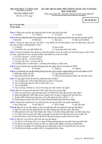 Đề thi chính thức THPT Quốc gia môn Sinh học - Mã đề: 851 - Năm học 2015 (Có đáp án)