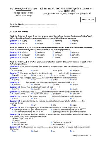 Đề thi chính thức THPT Quốc gia môn Tiếng Anh - Mã đề: 168 - Năm học 2016 (Có đáp án)