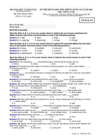 Đề thi chính thức THPT Quốc gia môn Tiếng Anh - Mã đề: 194 - Năm học 2015 (Có đáp án)