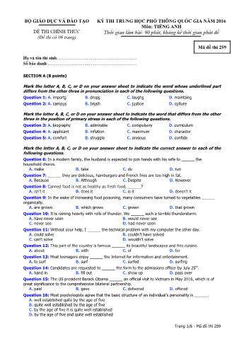 Đề thi chính thức THPT Quốc gia môn Tiếng Anh - Mã đề: 259 - Năm học 2016 (Có đáp án)