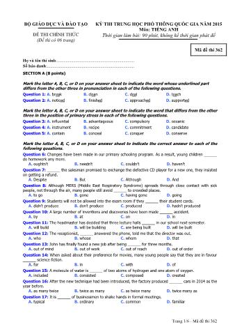 Đề thi chính thức THPT Quốc gia môn Tiếng Anh - Mã đề: 362 - Năm học 2015 (Có đáp án)