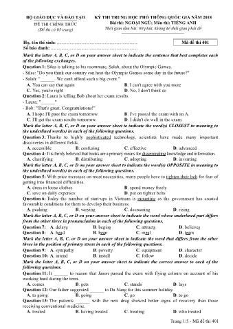 Đề thi chính thức THPT Quốc gia môn Tiếng Anh - Mã đề: 401 - Năm học 2018 (Có đáp án)