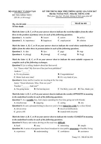 Đề thi chính thức THPT Quốc gia môn Tiếng Anh - Mã đề: 401 - Năm học 2017 (Có đáp án)