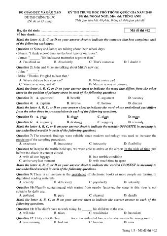 Đề thi chính thức THPT Quốc gia môn Tiếng Anh - Mã đề: 402 - Năm học 2018 (Có đáp án)